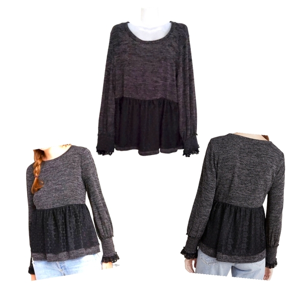 ANTHROPOLOGIE RO+DE Black/Gray Amirah Lace Long Smocked Cuff Sleeve Top XL - Picture 10 of 16